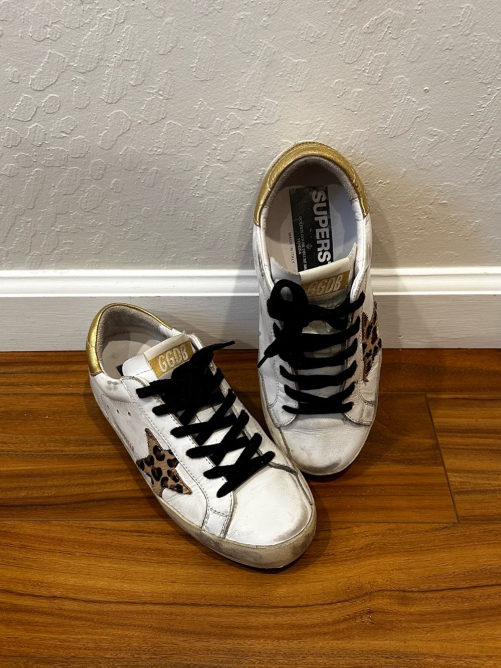 Golden Goose Low-Top Sneakers in White with Gold & Leopard Accents Size 36